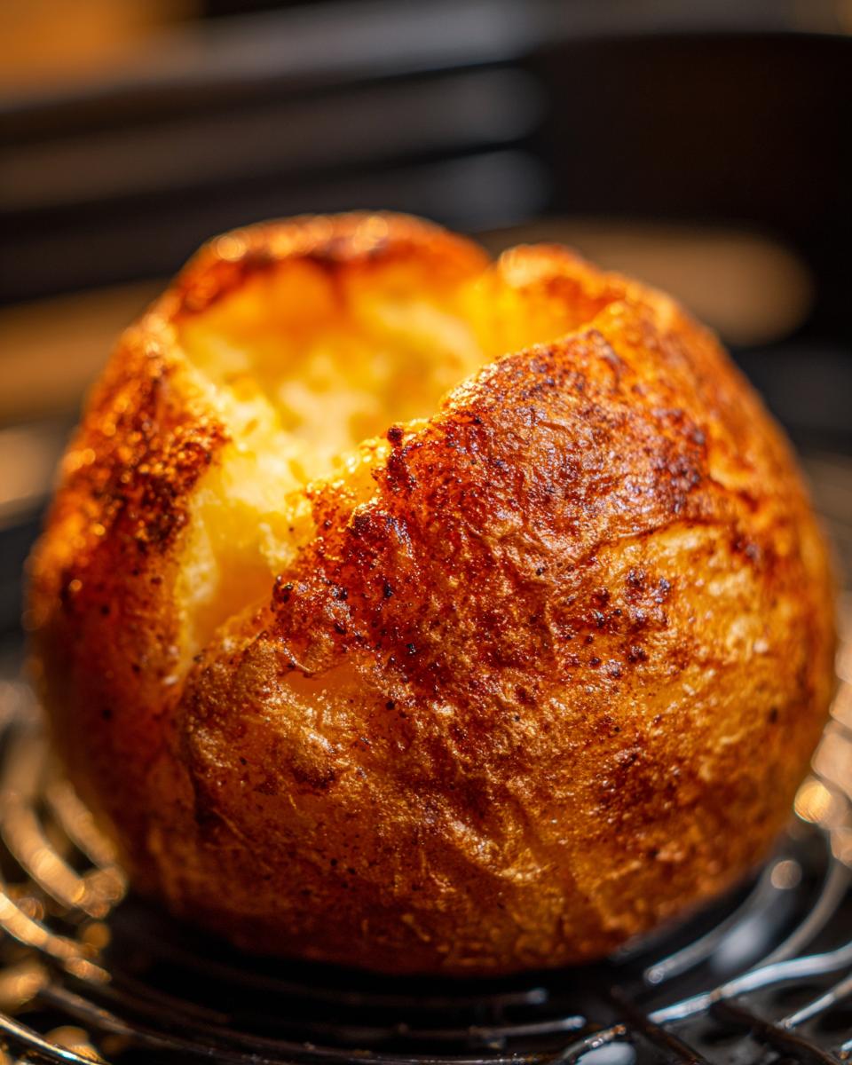 Close-up of a golden-brown, crispy skin air fryer baked potato with a fluffy interior, ready to be served.