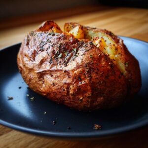 A perfectly cooked air fryer baked potato with a crispy skin and fluffy interior, seasoned with herbs.