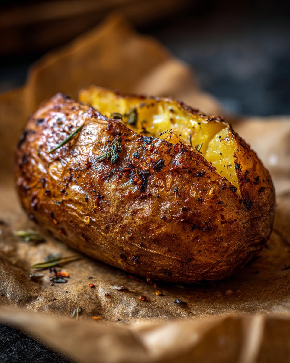 A close-up of a perfectly cooked air fryer baked potato, seasoned with herbs and spices, resting on parchment paper.