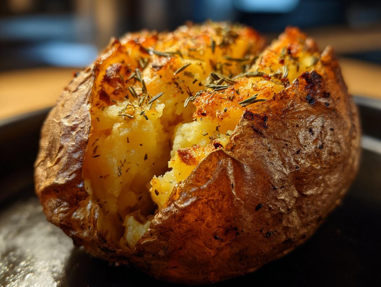 Close-up of a fluffy air fryer baked potato, split open to reveal the soft interior, topped with herbs.