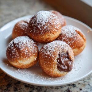 A plate of golden brown Air Fryer Nutella Bombs dusted with powdered sugar, one showing a gooey Nutella filling.