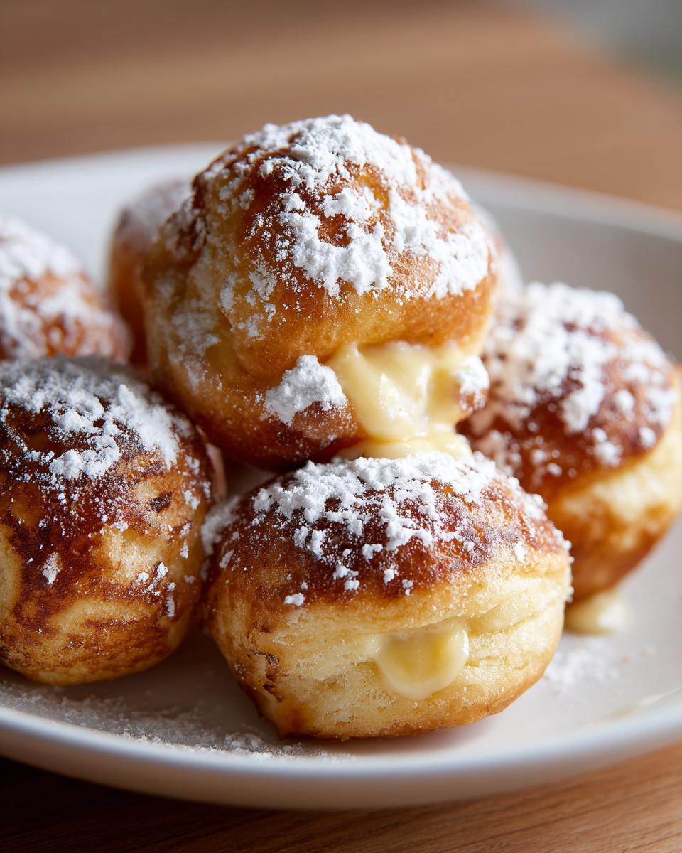 Close-up of golden brown Air Fryer Nutella Bombs dusted with powdered sugar, revealing a creamy Nutella filling.