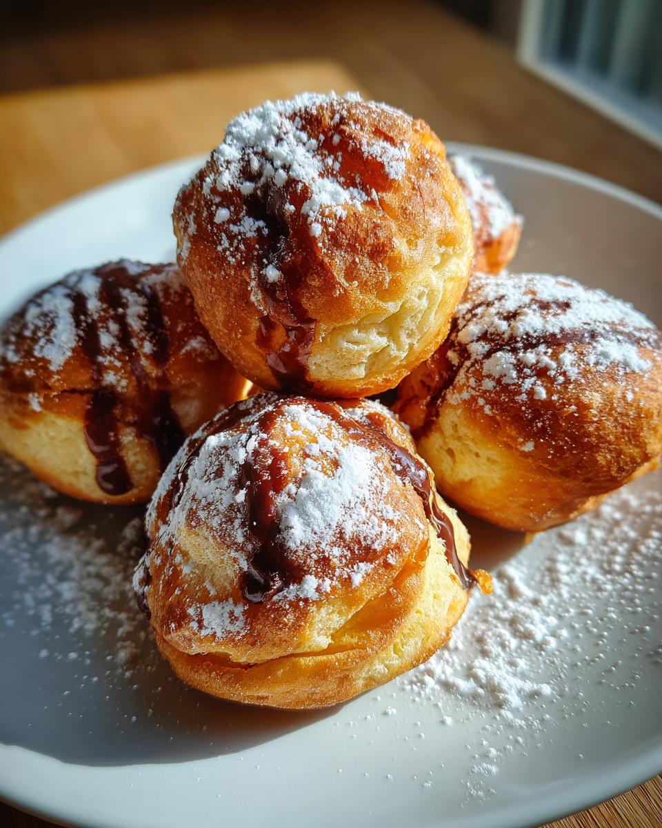 A close-up of golden-brown Air Fryer Nutella Bombs dusted with powdered sugar and drizzled with chocolate sauce.