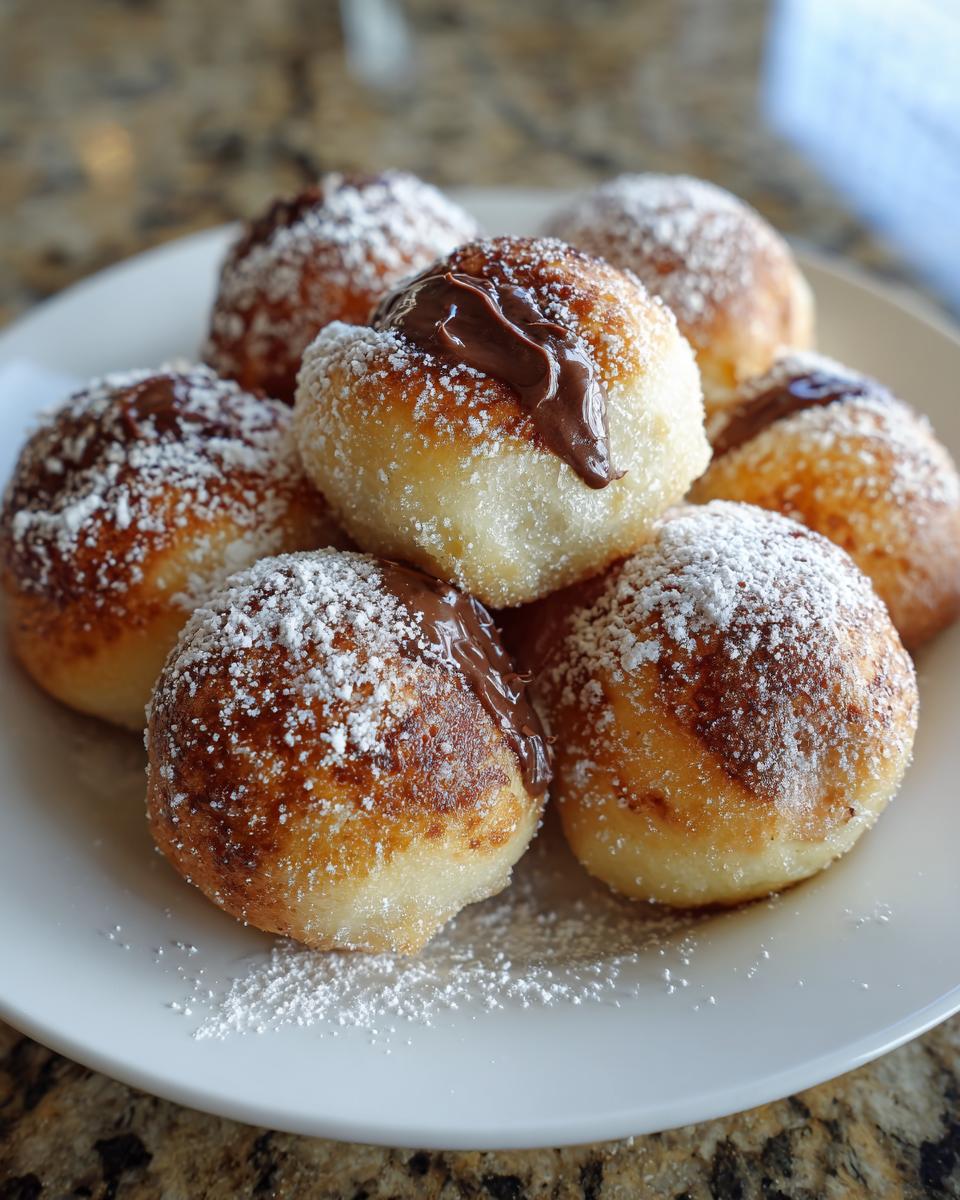 A pile of golden-brown Air Fryer Nutella Bombs dusted with powdered sugar and drizzled with Nutella.