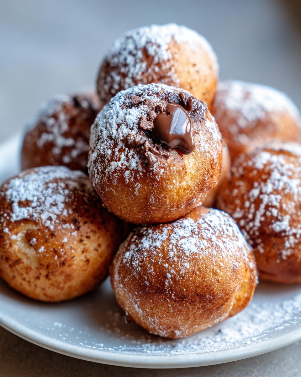 A close-up of golden brown Air Fryer Nutella Bombs dusted with powdered sugar, with melted Nutella oozing from one.