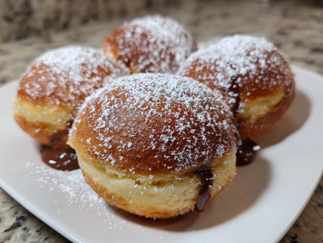Four golden-brown Air Fryer Nutella Bombs dusted with powdered sugar and oozing chocolate filling.