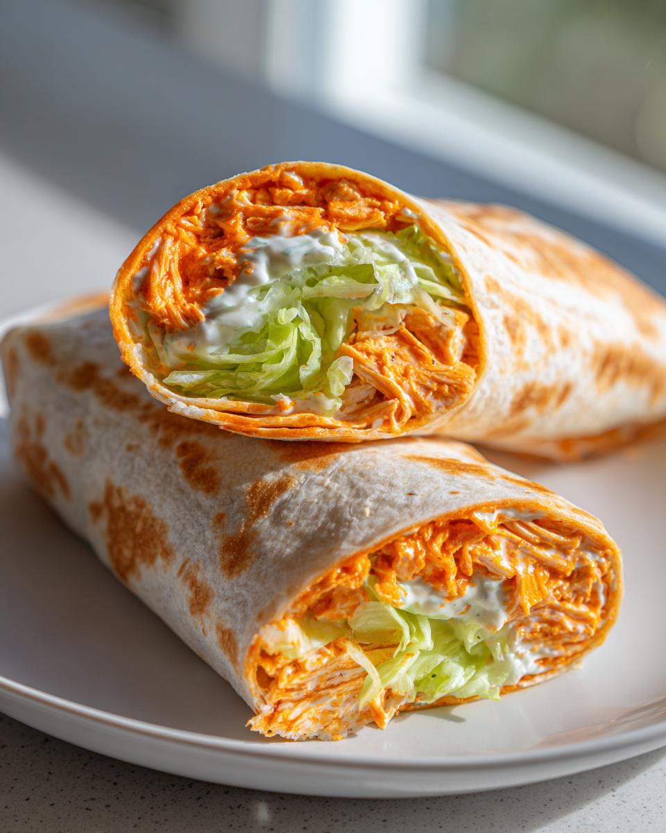 Two halves of a buffalo chicken wrap cut on a diagonal, showing shredded orange buffalo chicken, lettuce, and ranch dressing.