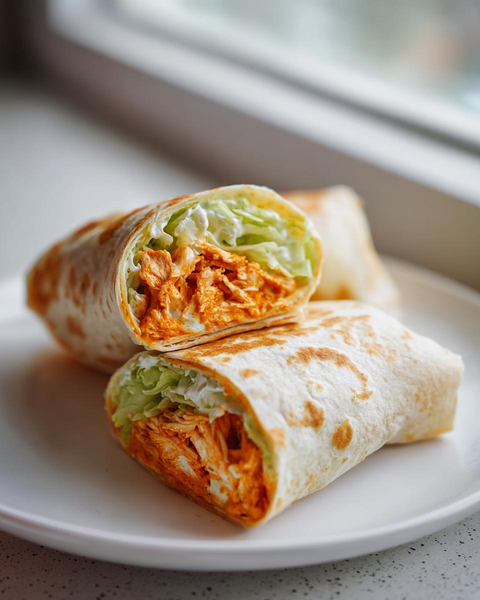 Close-up of a buffalo chicken wrap cut in half, showing shredded orange buffalo chicken, lettuce, and creamy sauce.