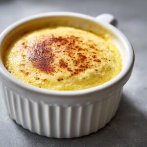 Close-up of a golden yellow egg custard dessert, lightly dusted with cinnamon, served in a white fluted ramekin.