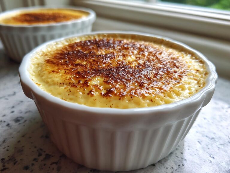 Close-up of a creamy egg custard dessert in a white ramekin with a perfectly caramelized, torched sugar top.