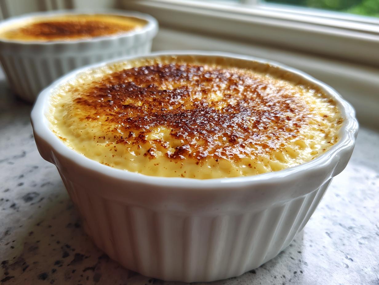 Close-up of a creamy egg custard dessert in a white ramekin with a perfectly caramelized, torched sugar top.