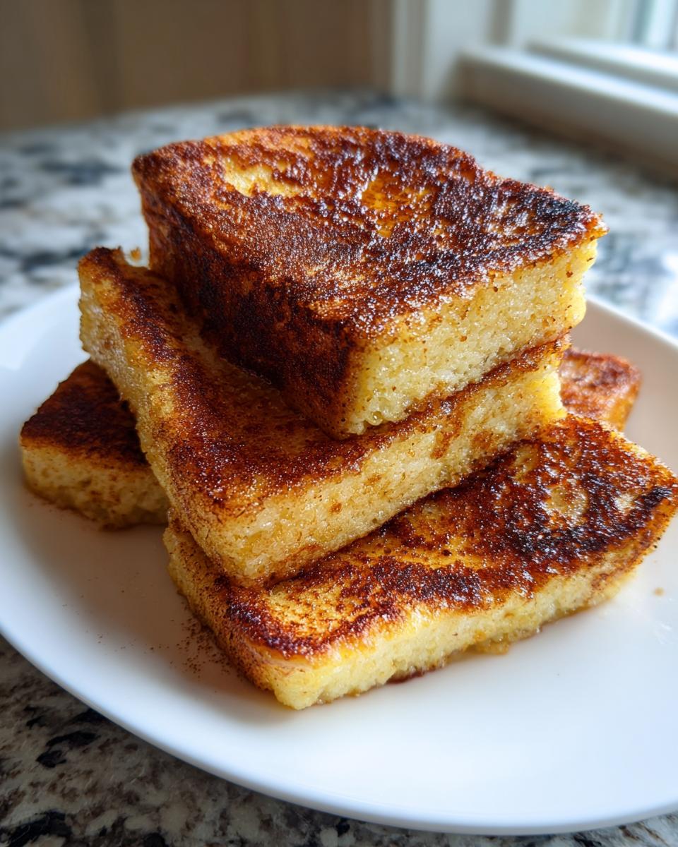 A stack of thick, golden-brown french toast slices dusted with cinnamon on a white plate.