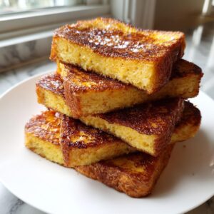 A tall stack of thick, golden brown french toast slices piled high on a white plate.