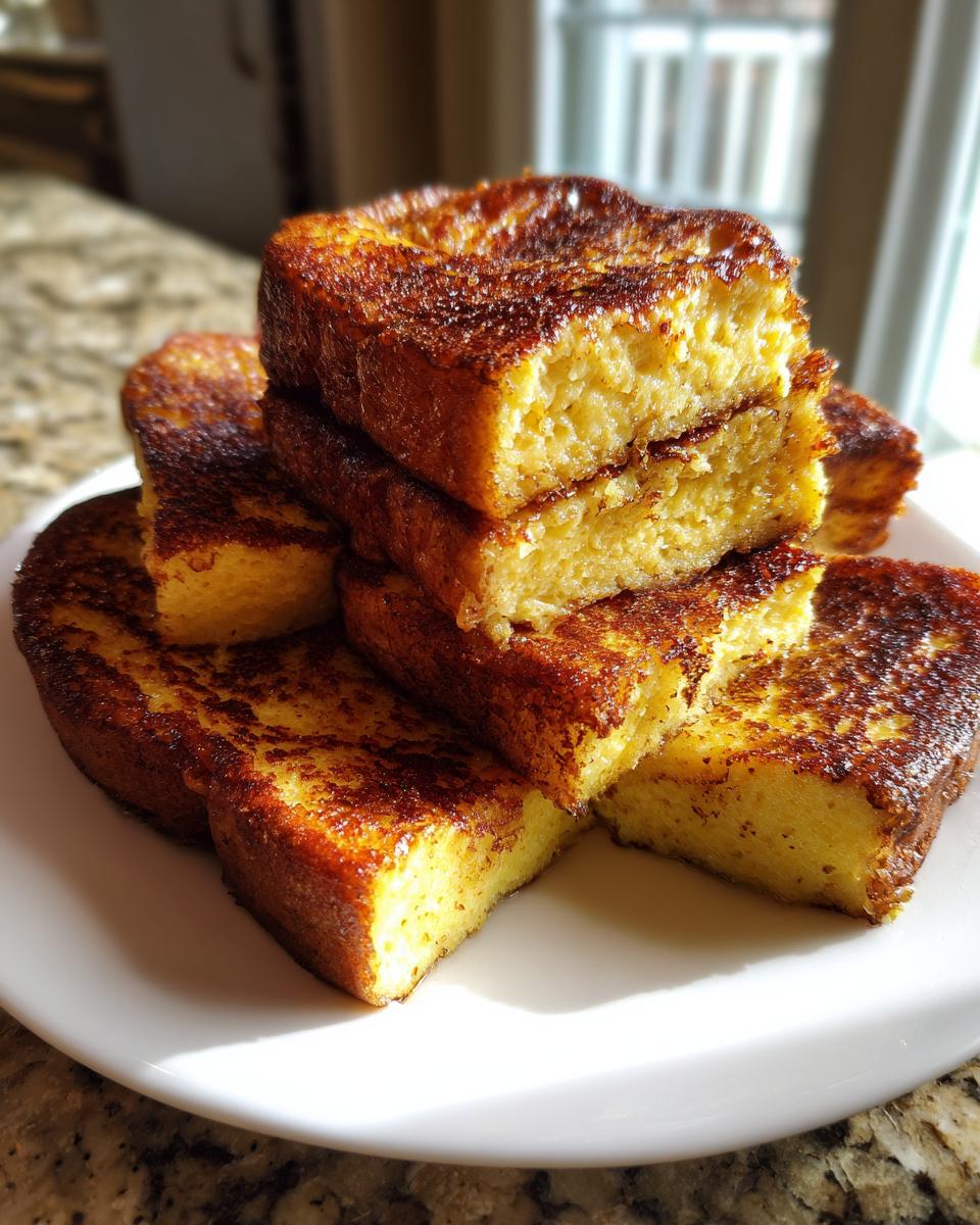 A stack of thick, golden brown, perfectly cooked french toast slices piled high on a white plate.