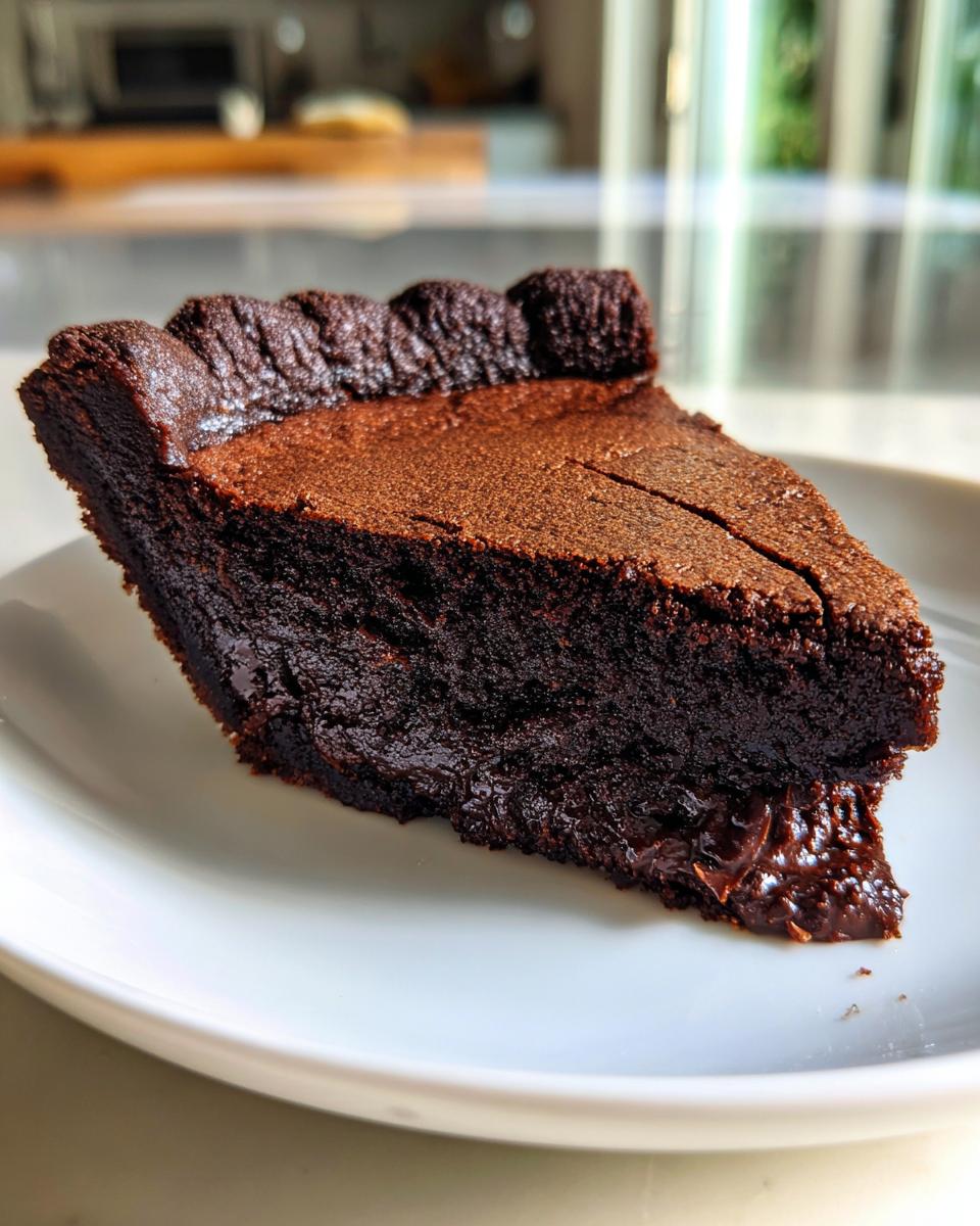 A rich, dark slice of hot fudge pie showing a molten chocolate center oozing onto a white plate.