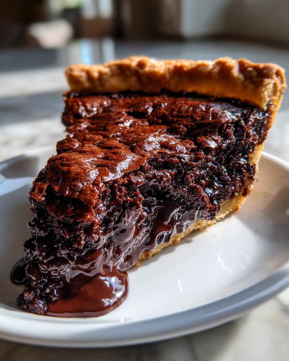 A rich, dark slice of hot fudge pie sits on a white plate with gooey chocolate fudge dripping onto the surface.