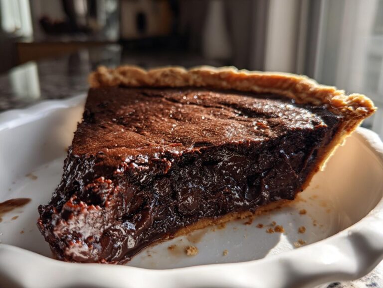 A rich, decadent slice of hot fudge pie with a flaky crust sitting in a white pie dish.