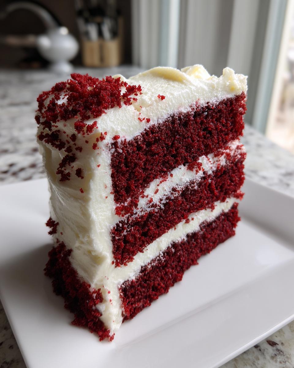A tall, moist slice of red velvet cake layered with thick white cream cheese frosting.