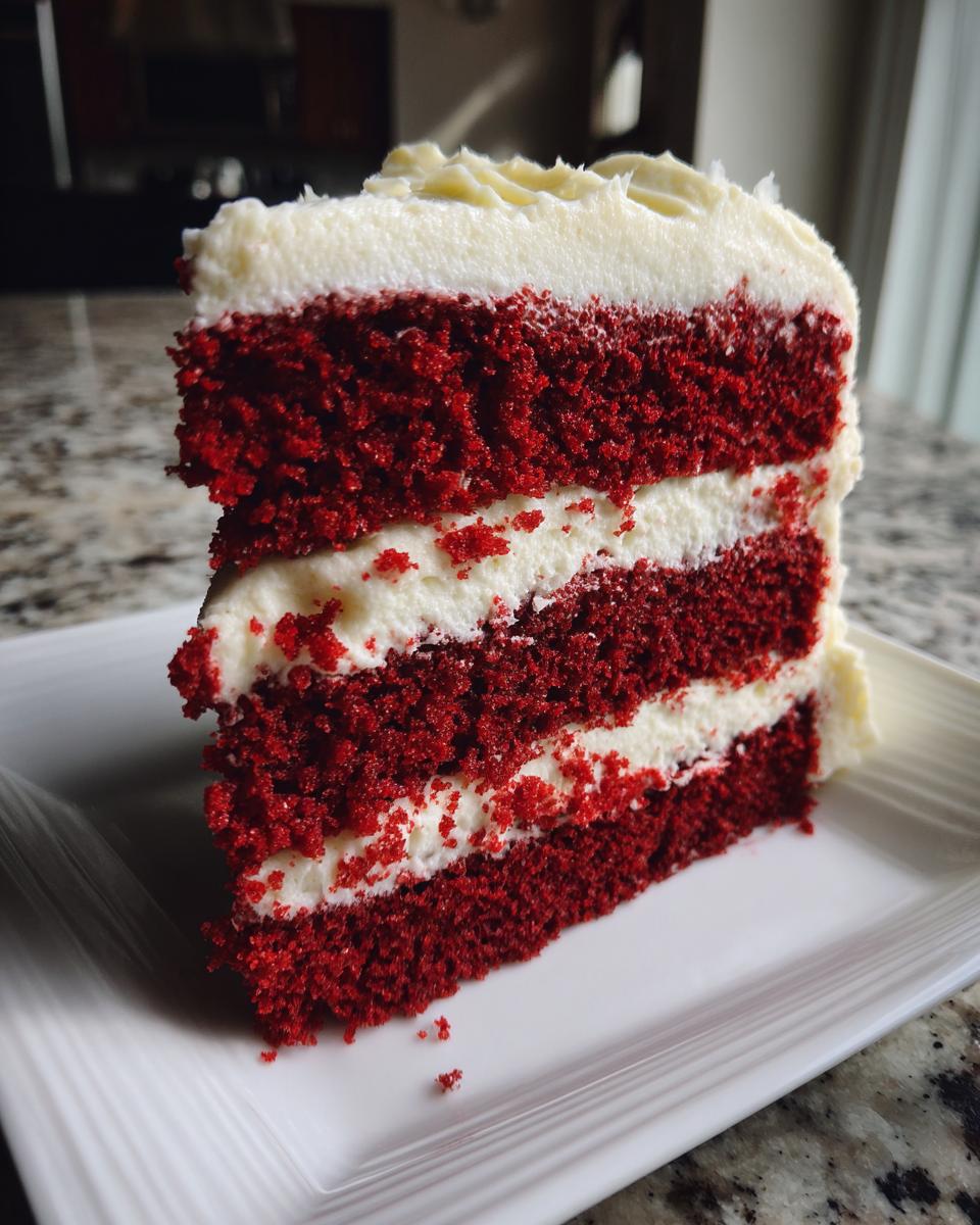 A tall, moist slice of red velvet cake showing three layers of deep red cake separated by thick white cream cheese frosting.