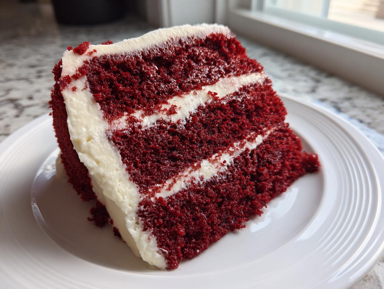 A moist, three-layer slice of red velvet cake with thick white cream cheese frosting layers.
