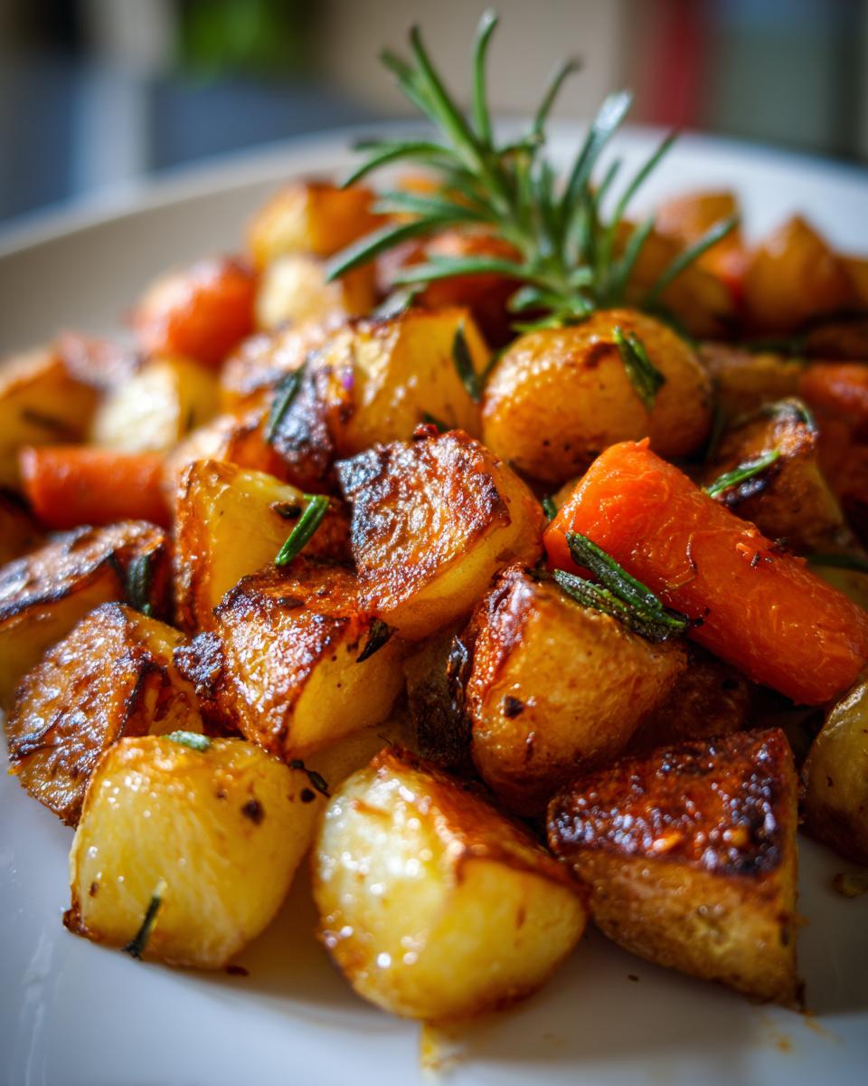 Close-up of golden brown roasted potatoes and carrots seasoned with rosemary.
