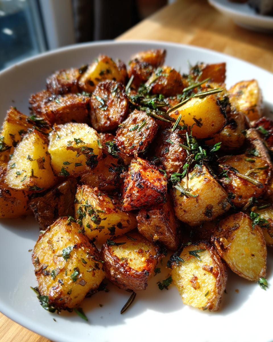 Close-up of crispy, golden brown roasted potatoes and carrots seasoned with fresh herbs like rosemary.