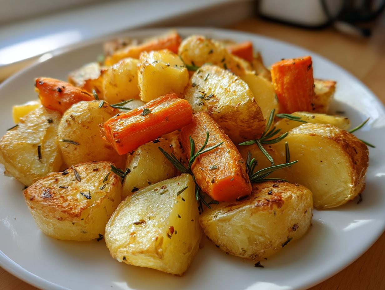 Close-up of perfectly golden roasted potatoes and carrots seasoned with herbs.