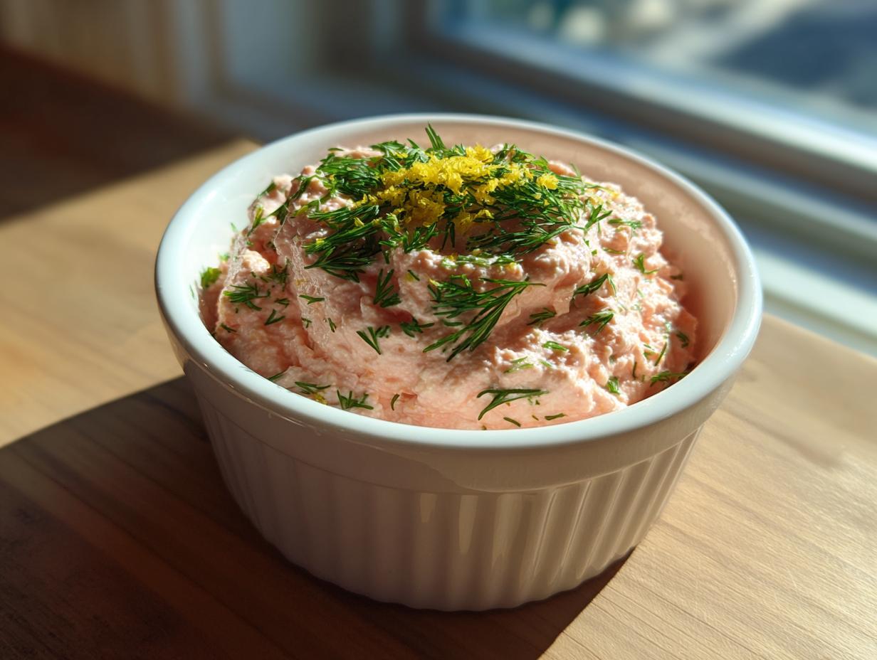 A white ramekin filled with creamy pink salmon dip, garnished with fresh dill and lemon zest.