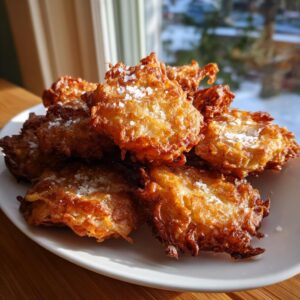 A pile of crispy, golden brown Amish onion fritters sprinkled with coarse sea salt on a white plate.