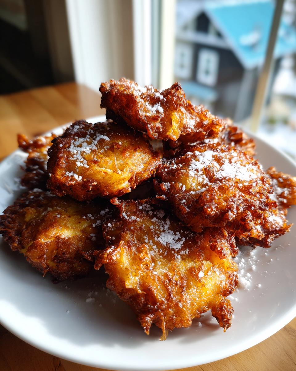 A close-up of a stack of golden brown Amish onion fritters dusted with powdered sugar on a white plate.