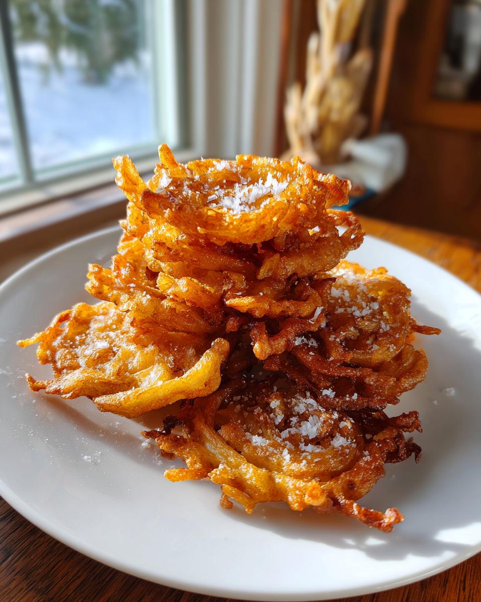 A stack of golden brown, crispy Amish onion fritters dusted with powdered sugar.