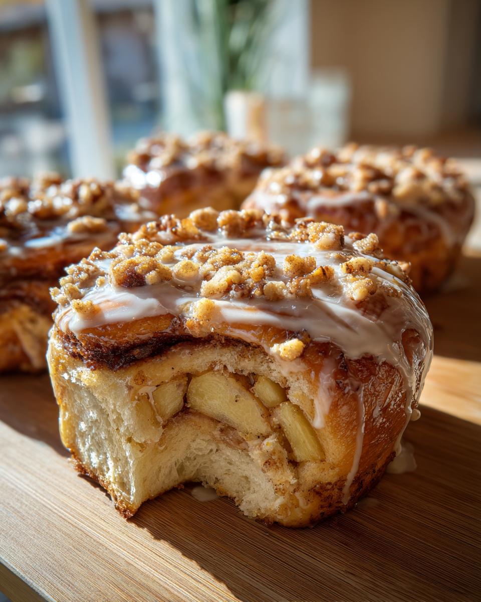 Close-up of a bite taken out of an apple cheesecake bun, showing the soft dough, apple filling, and cinnamon swirl, topped with glaze and crumble.