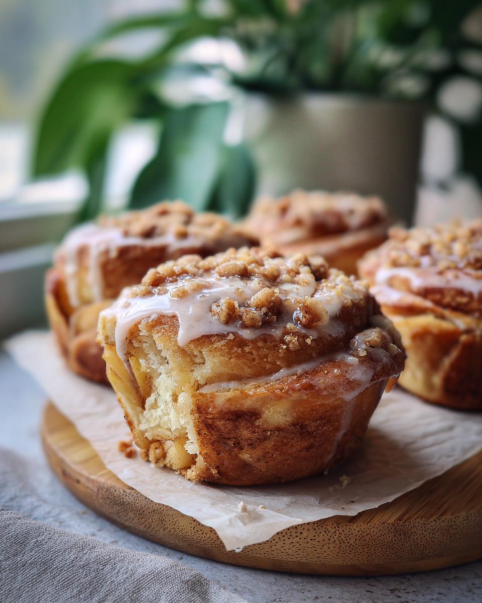 Close-up of a delectable apple cheesecake bun with a bite taken out, drizzled with white glaze and topped with crumble.