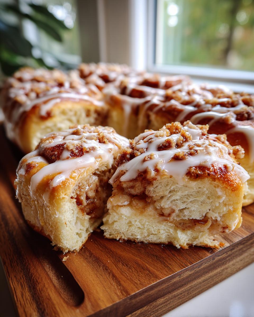 Close-up of soft, fluffy apple cheesecake buns drizzled with white glaze and topped with crumble.