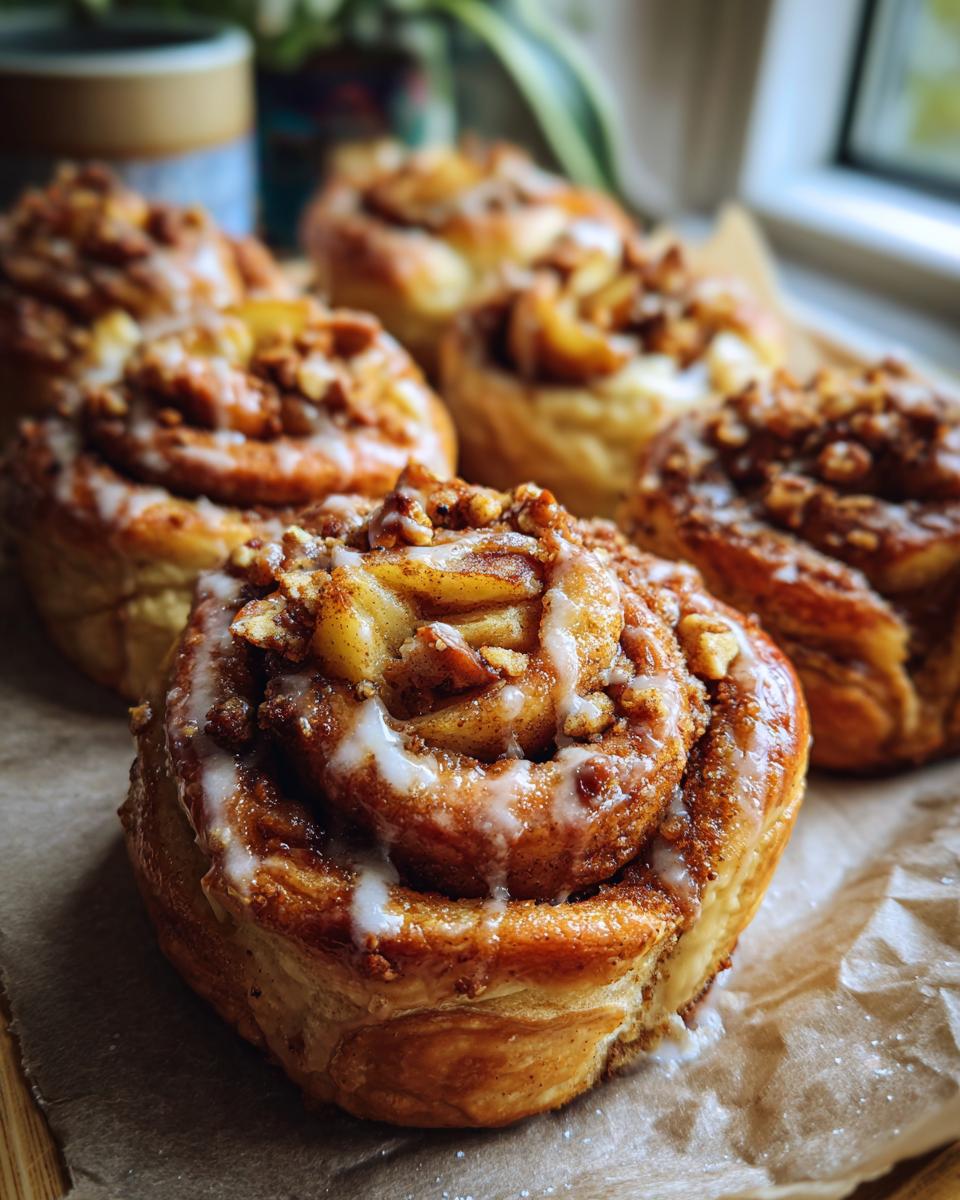 Close-up of freshly baked apple cheesecake buns topped with cinnamon, nuts, and a white glaze.