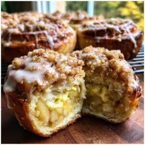 Close-up of a halved apple cheesecake bun, showing the creamy cheesecake filling and apple pieces inside the soft dough.