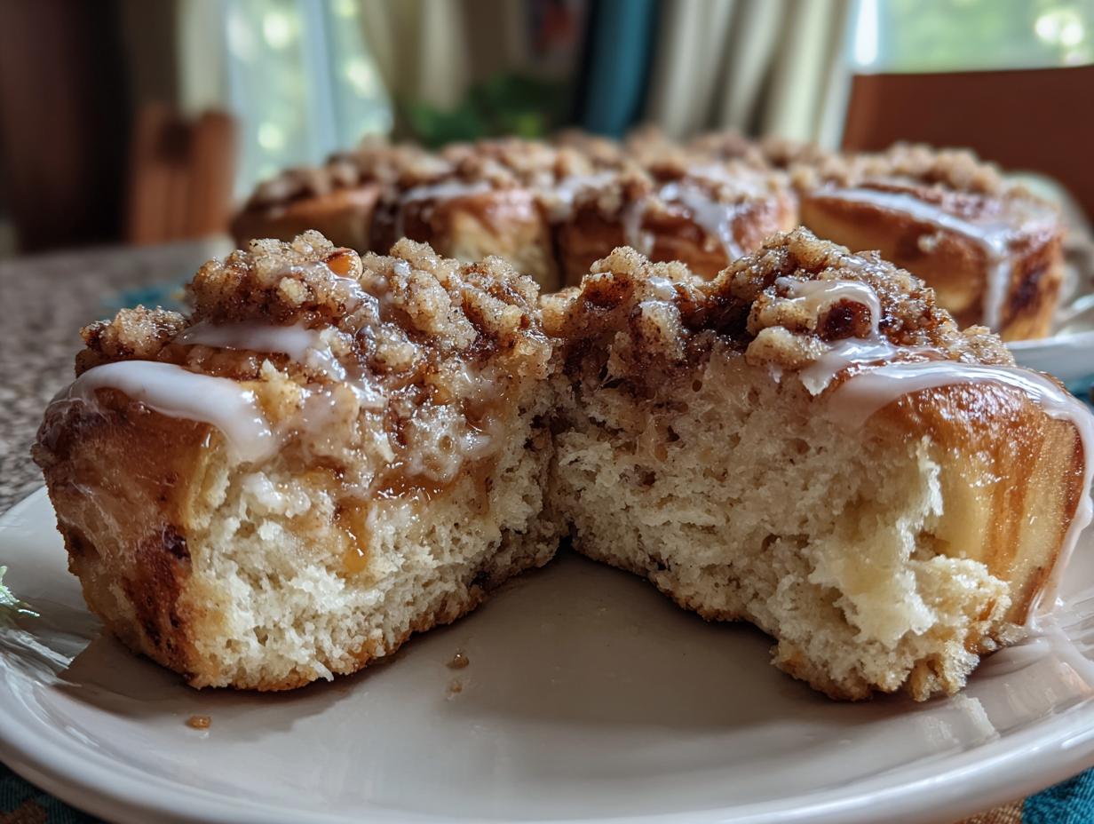 Close-up of a broken apple cheesecake bun showing soft interior, streusel topping, and white glaze.