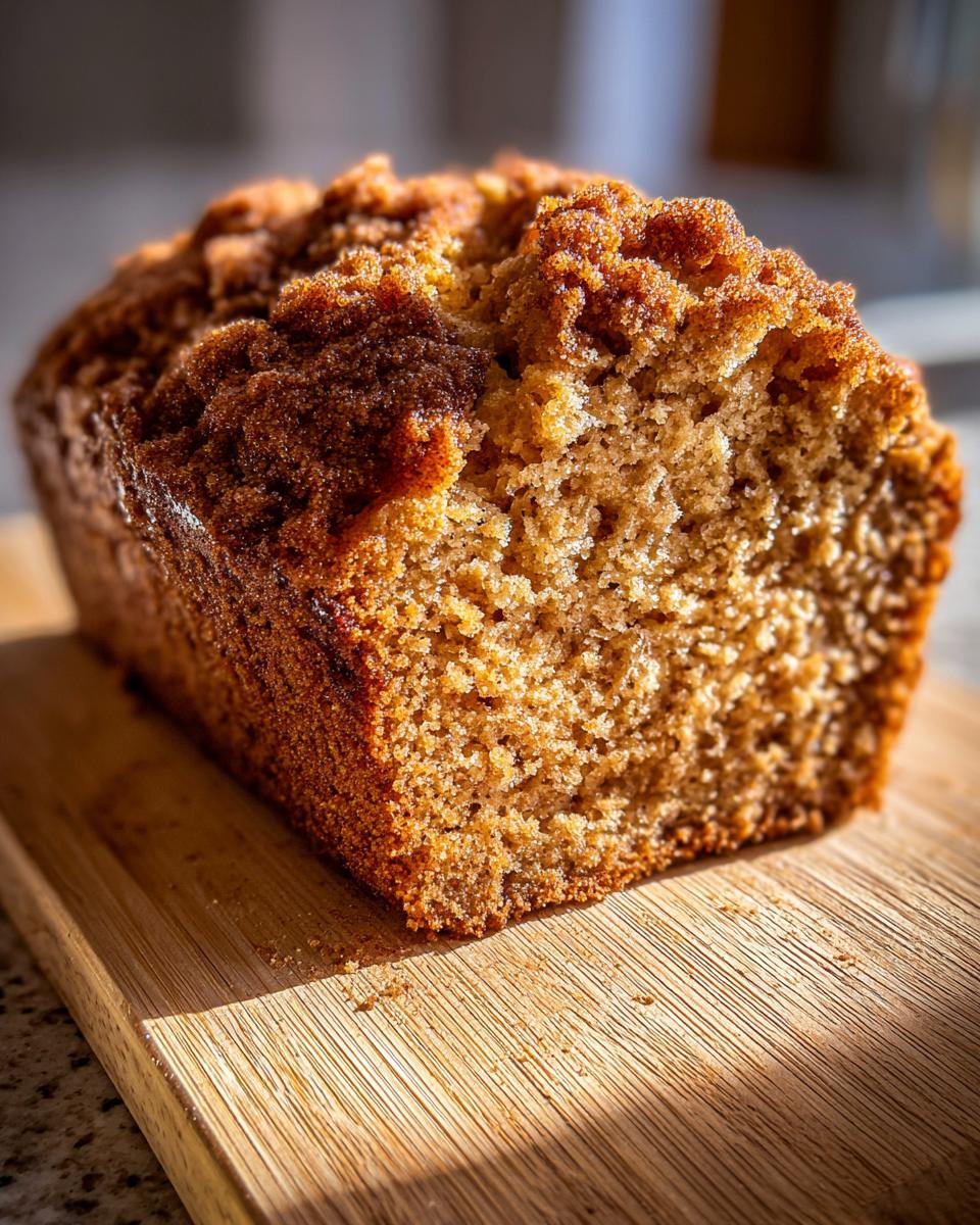 A close-up of a freshly baked Apple Cider Cinnamon Bread loaf with a crumbly, cinnamon-sugar topping on a wooden cutting board.