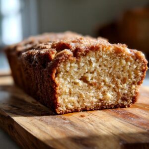 Close-up of a freshly baked Apple Cider Cinnamon Bread loaf with a crumbly cinnamon sugar topping on a wooden board.