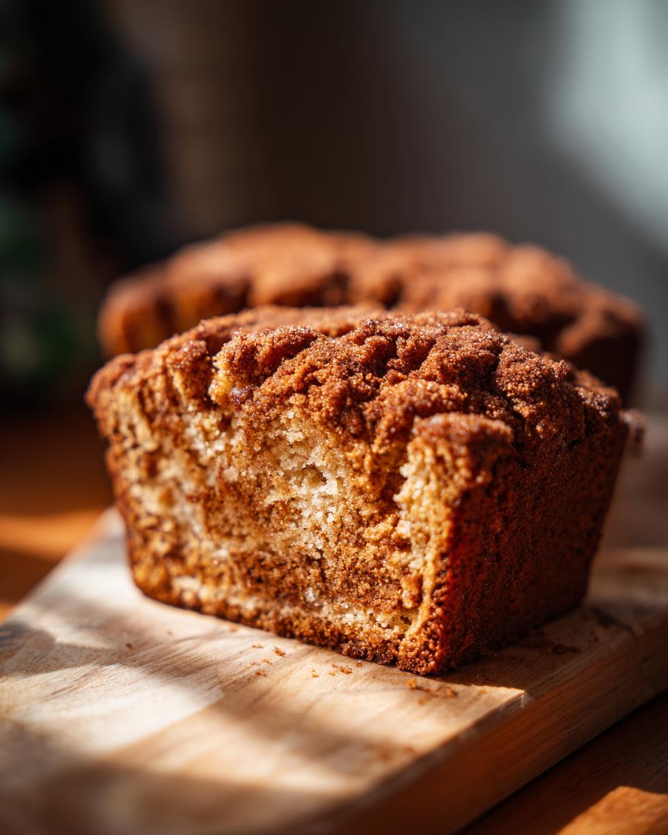 A close-up of a slice of moist apple cider cinnamon bread with a crumbly cinnamon topping.
