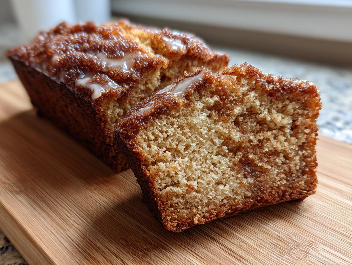 A close-up of a slice of moist Apple Cider Cinnamon Bread, drizzled with a light glaze.