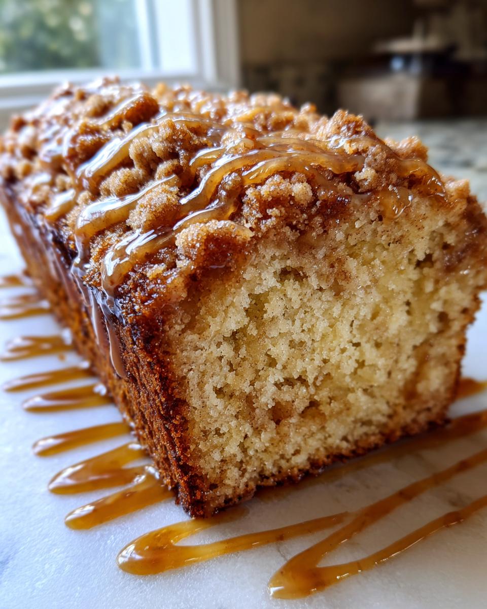 Close-up of a slice of apple coffee cake topped with crumb streusel and drizzled with caramel sauce.