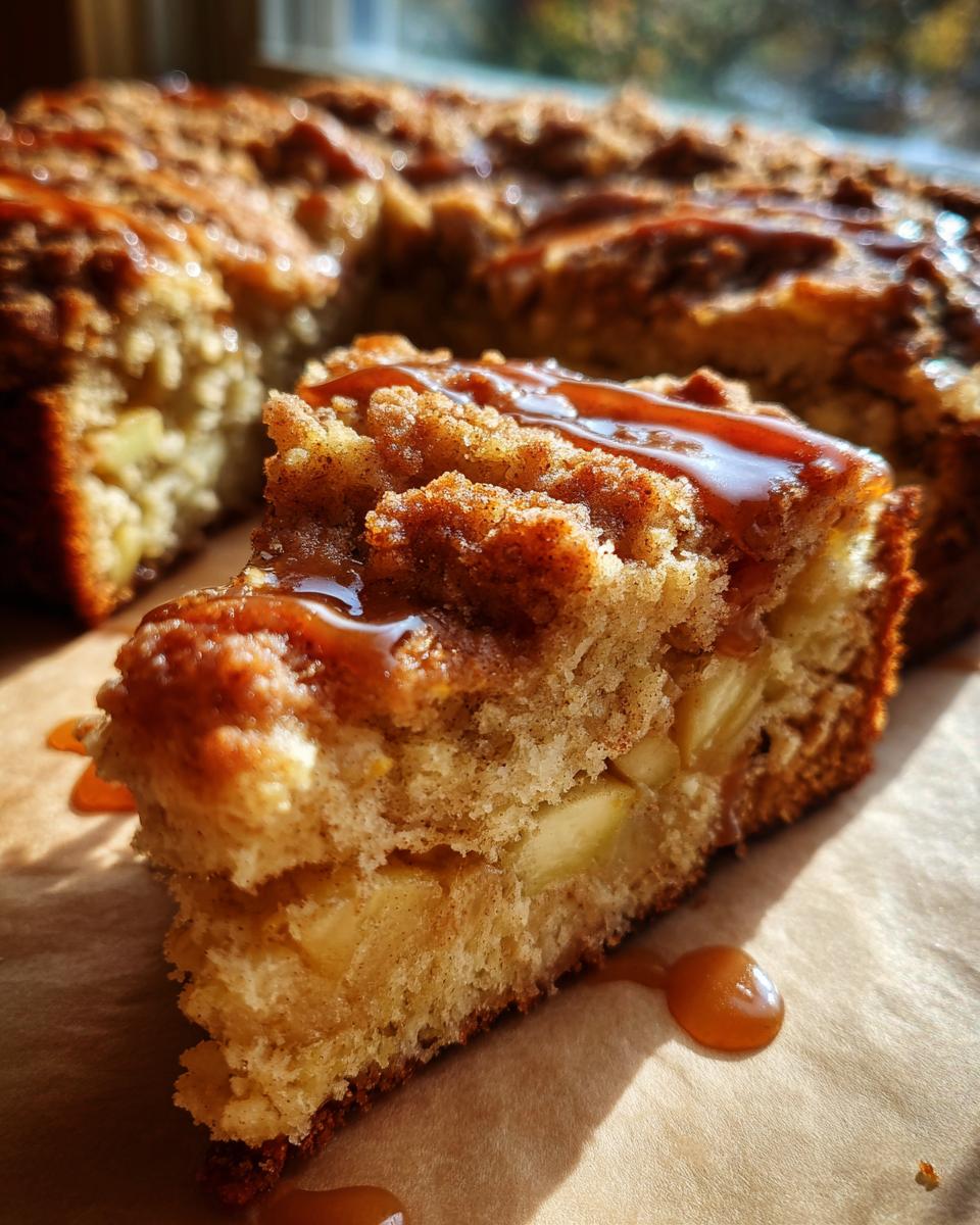 A slice of moist apple coffee cake topped with cinnamon crumble and drizzled with caramel sauce.
