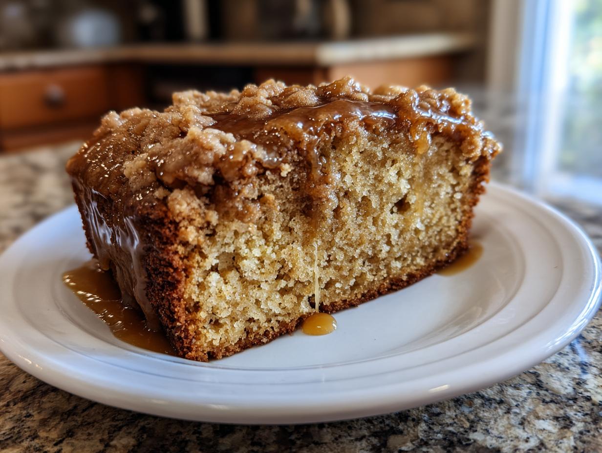 A close-up of a moist slice of apple coffee cake topped with crumb topping and drizzled with caramel glaze.