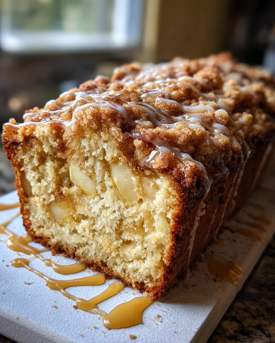 A slice of moist apple coffee cake topped with cinnamon streusel and drizzled with glaze and caramel sauce.