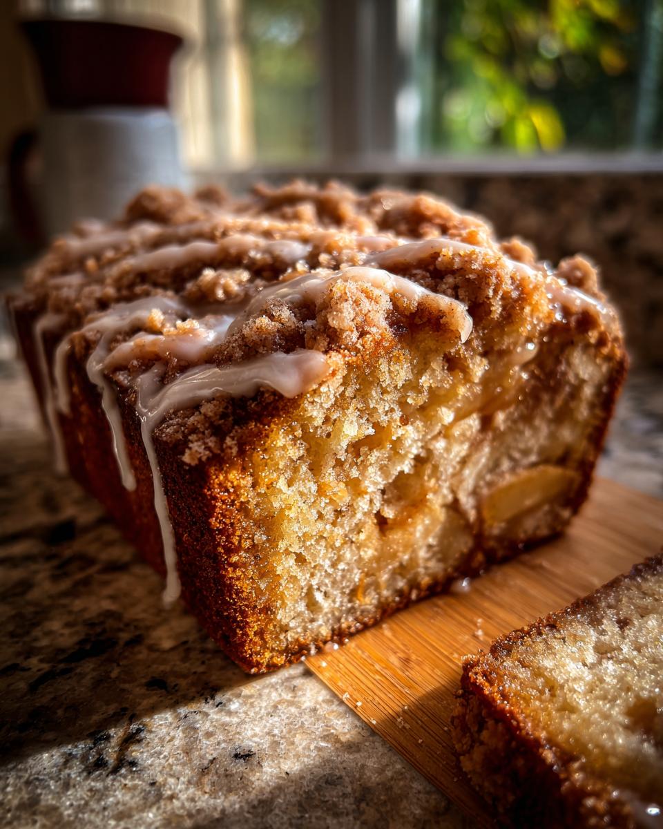 A slice of moist apple coffee cake with a crumbly streusel topping and a drizzle of glaze.