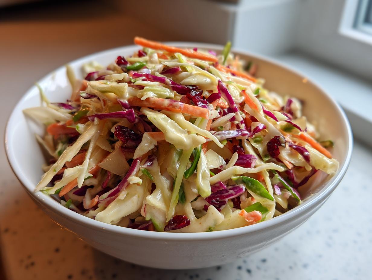 A close-up of creamy apple cranberry coleslaw featuring shredded cabbage, carrots, and dried cranberries in a white bowl.