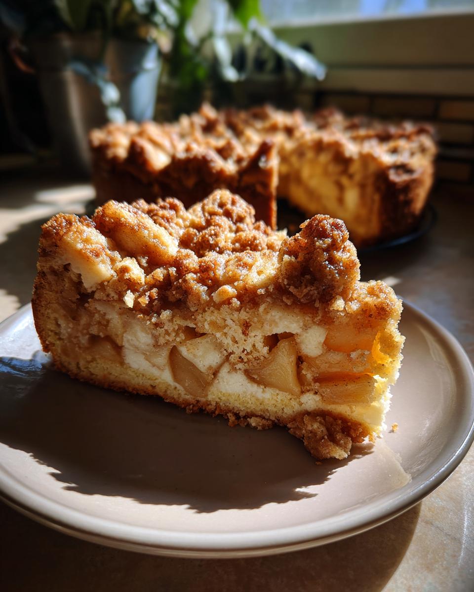 A close-up of a slice of apple crumb cake on a plate, showcasing tender apple pieces and a crumbly topping.