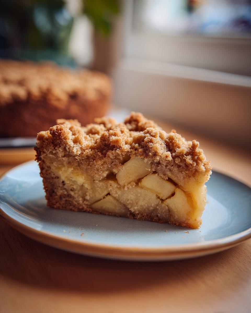 A close-up of a slice of apple crumb cake on a blue plate, showing tender apple chunks and a crumbly topping.