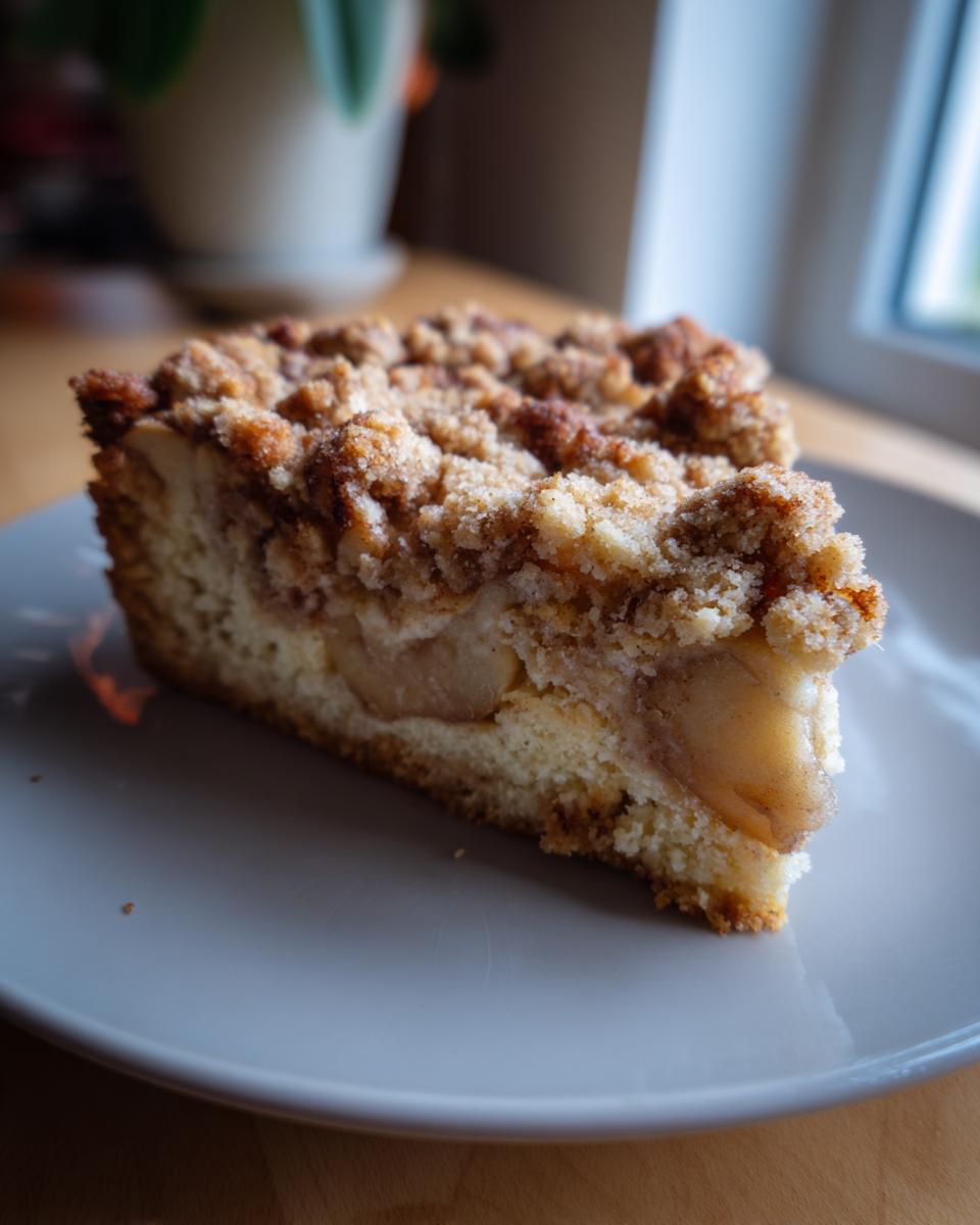 A close-up of a slice of apple crumb cake on a grey plate, showing tender cake, baked apples, and a crumbly topping.